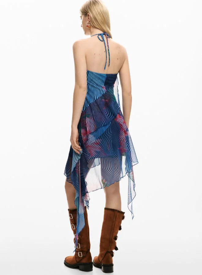 DESIGUAL blue floral Pixelated Ruffle Dress for Women | Best Price UAE